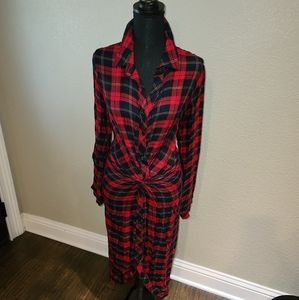 Plaid knotted waist shirt dress